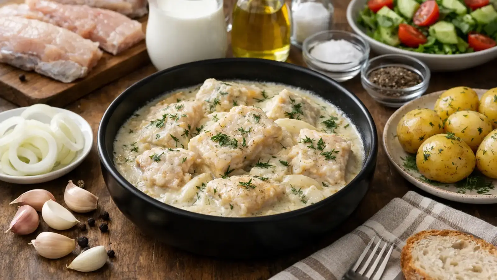 Фото блюда: Минтай тушёный со сливками в мультиварке с нежным сливочным соусом, рецепт с фото