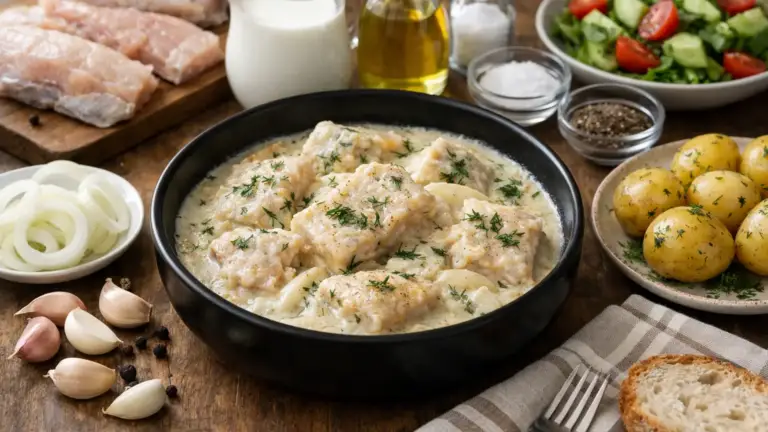 Фото блюда: Минтай тушёный со сливками в мультиварке с нежным сливочным соусом