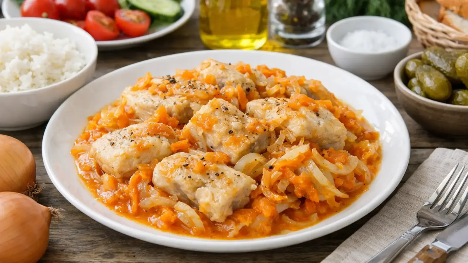 Фото блюда: Минтай тушёный в мультиварке с луком и морковью с мягкой текстурой, рецепт с фото