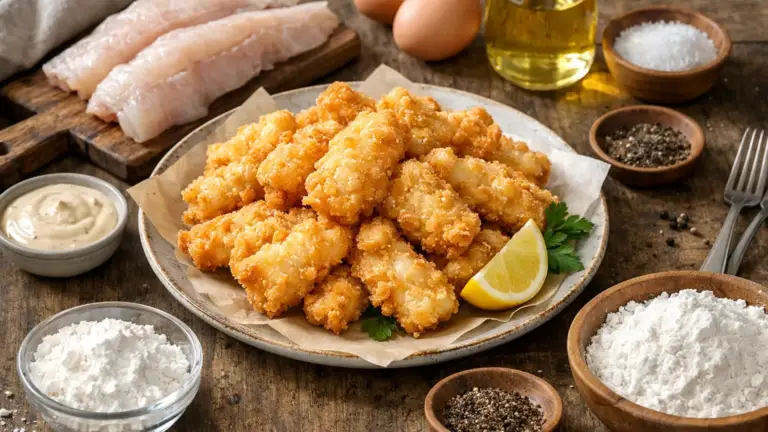 Фото блюда: Минтай в хрустящем кляре с крахмалом и золотистой корочкой
