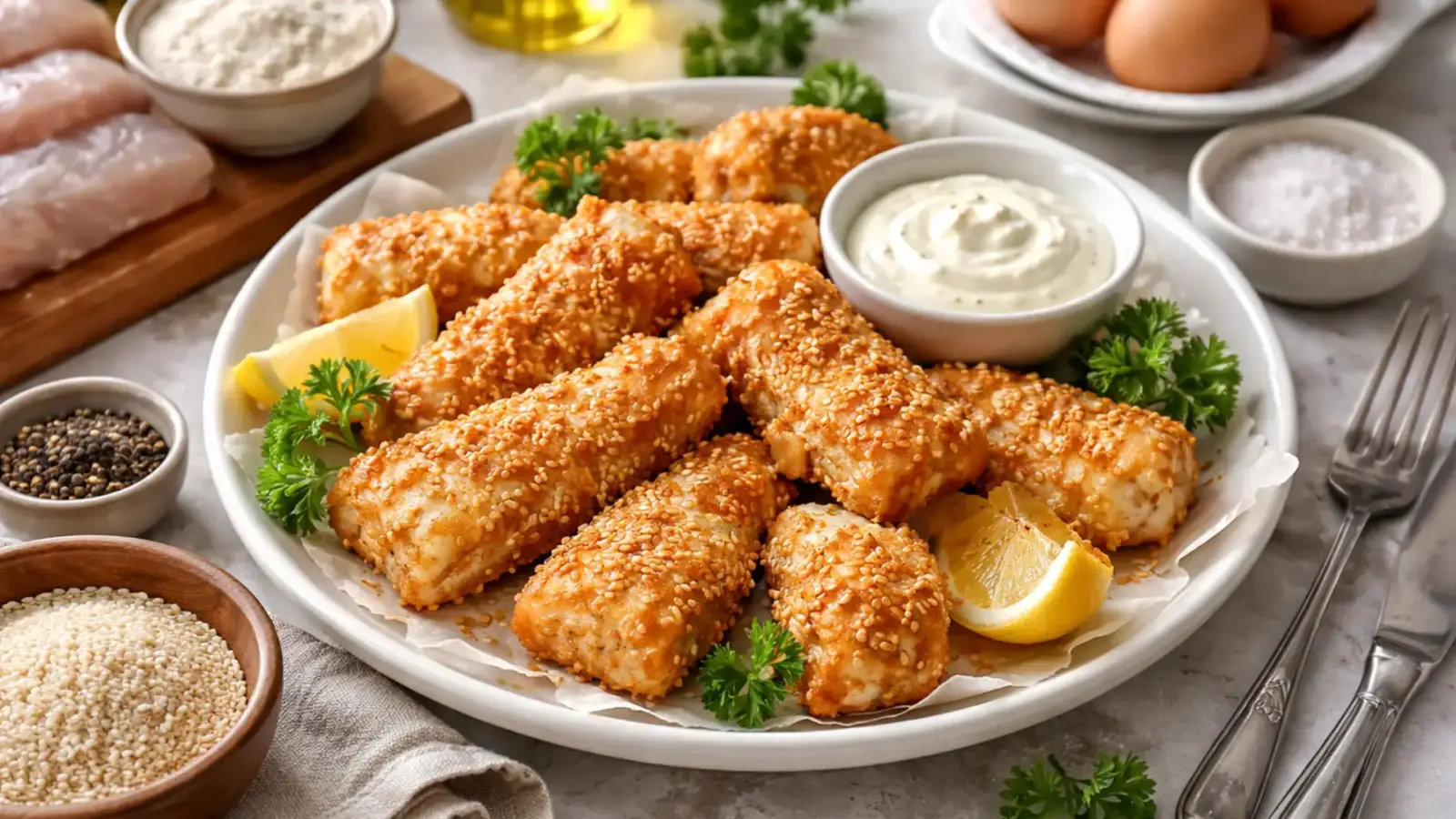 Фото блюда: Минтай в кляре с кунжутом и хрустящей золотистой корочкой, рецепт с фото