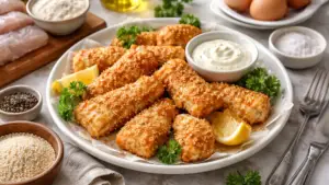 Фото блюда: Минтай в кляре с кунжутом и хрустящей золотистой корочкой