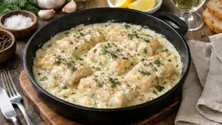 Фото рецепта: Минтай в сливочном соусе на сковороде нежный и ароматный