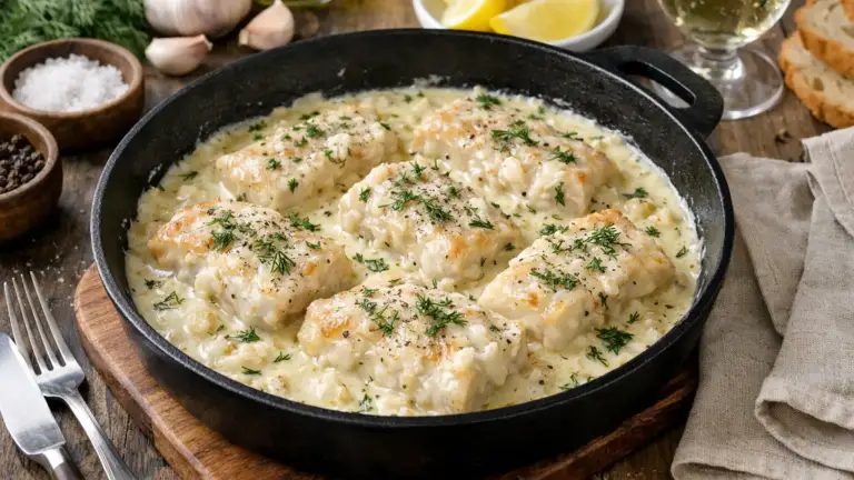 Фото блюда: Минтай в сливочном соусе на сковороде нежный и ароматный