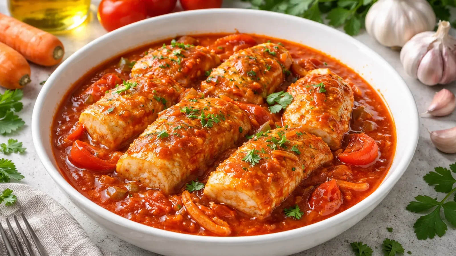 Фото блюда: Нежный минтай в насыщенном томатном соусе, рецепт с фото