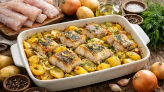 Фото рецепта: Минтай запечённый с картошкой в духовке румяная корочка