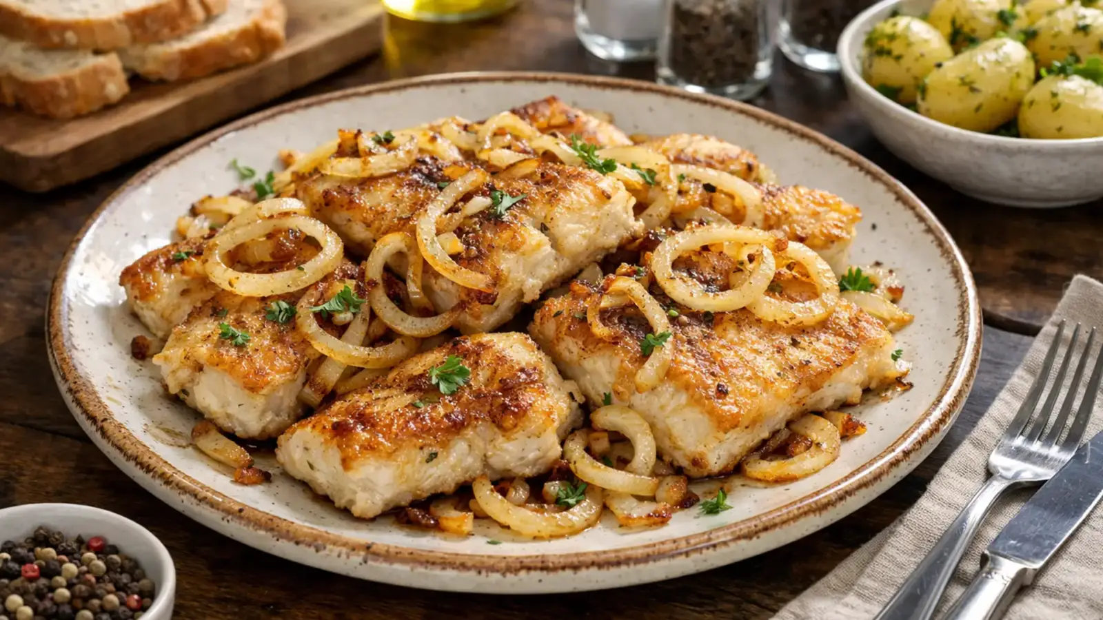 Фото блюда: Минтай жареный с луком с румяной корочкой на сковороде, рецепт с фото