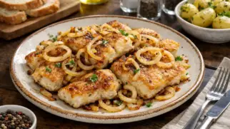 Фото рецепта: Минтай жареный с луком с румяной корочкой на сковороде