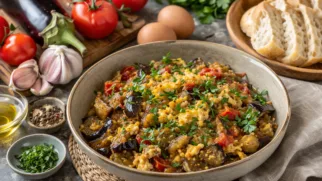 Фото рецепта: Пряная мирза гасеми с баклажанами и яйцами