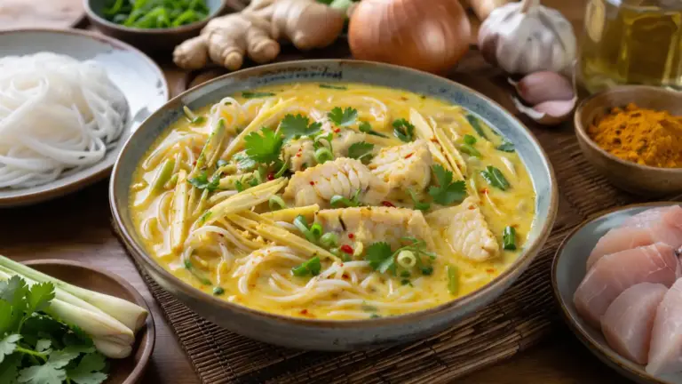 Фото блюда: Мохинга рыбный суп с рисовой лапшой насыщенный мьянманский