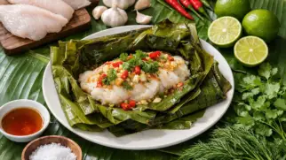 Фото рецепта: Мок па рыба на пару в банановых листьях с ароматными травами