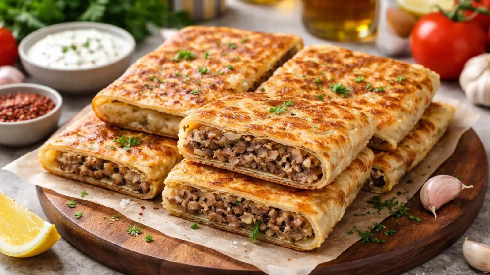 Фото блюда: Мутабака лепешка с мясной начинкой, рецепт с фото