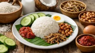 Фото рецепта: Наси лемак рис с кокосовым молоком и анчоусами традиционный вкус