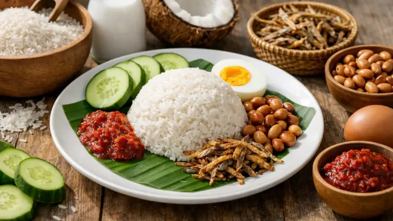 Фото блюда: Наси лемак рис с кокосовым молоком и анчоусами традиционный вкус