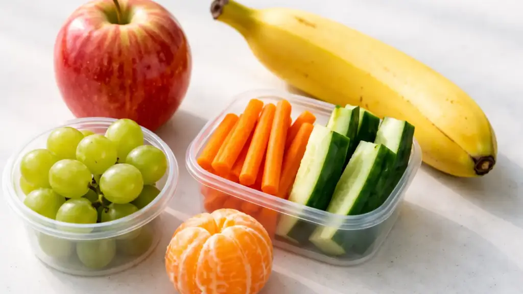 Фрукты и простые продукты для перекуса в школу