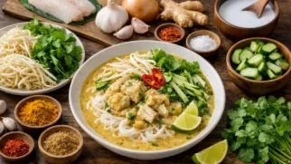 Фото рецепта: Ном бань чок с рисовой лапшой и пряным рыбным соусом