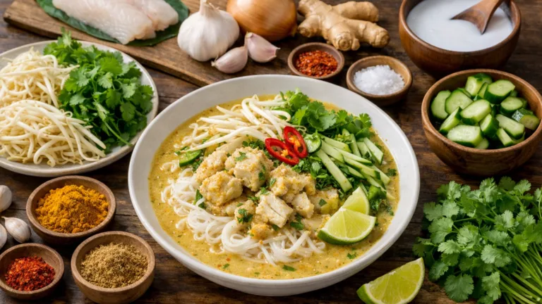 Фото блюда: Ном бань чок с рисовой лапшой и пряным рыбным соусом