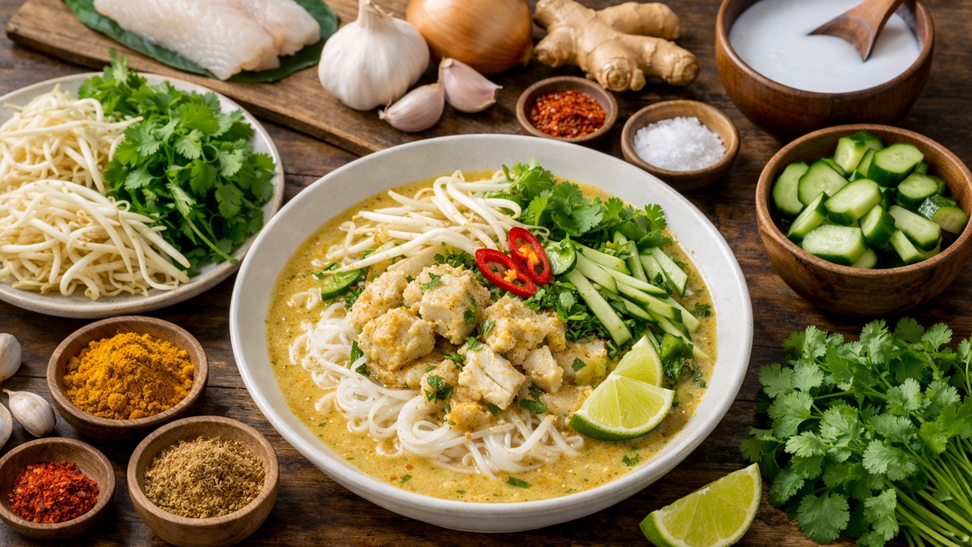 Фото блюда: Ном бань чок с рисовой лапшой и пряным рыбным соусом