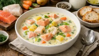 Фото рецепта: Норвежский рыбный суп со сливками нежный и ароматный