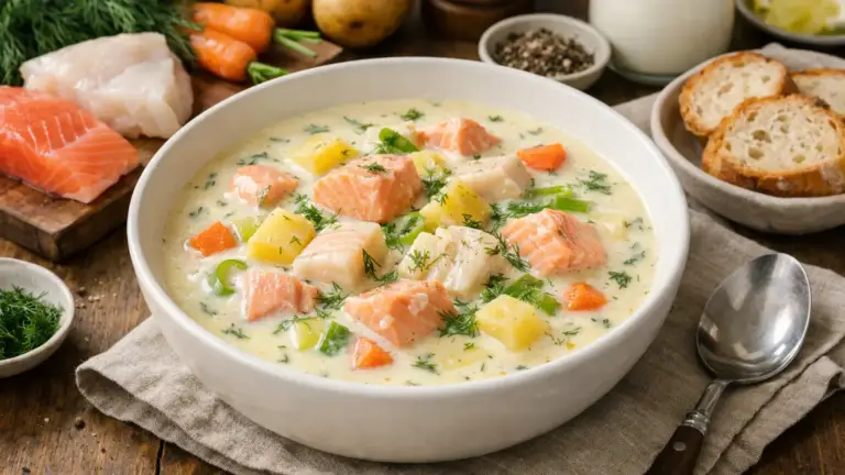 Фото блюда: Норвежский рыбный суп со сливками нежный и ароматный