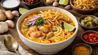 Фото рецепта: Он но кхао свэ кокосовый суп с лапшой насыщенный мьянманский