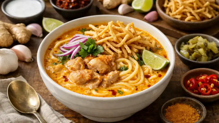 Фото блюда: Он но кхао свэ кокосовый суп с лапшой насыщенный мьянманский