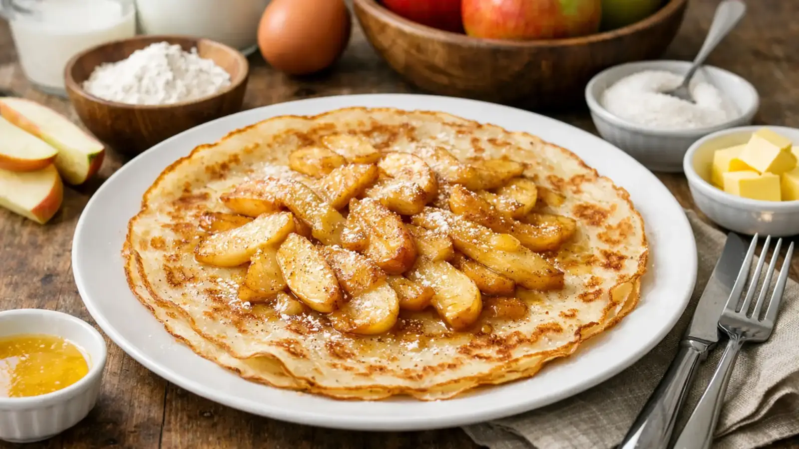 Фото блюда: Паннекукен тонкие голландские блины с яблоками с золотистой корочкой, рецепт с фото