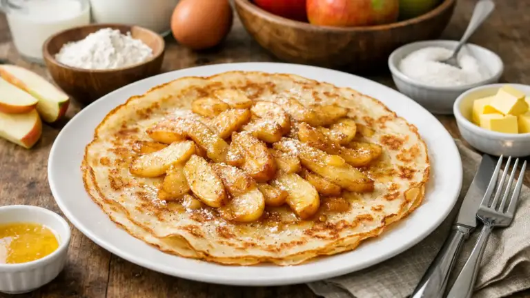 Фото блюда: Паннекукен тонкие голландские блины с яблоками с золотистой корочкой