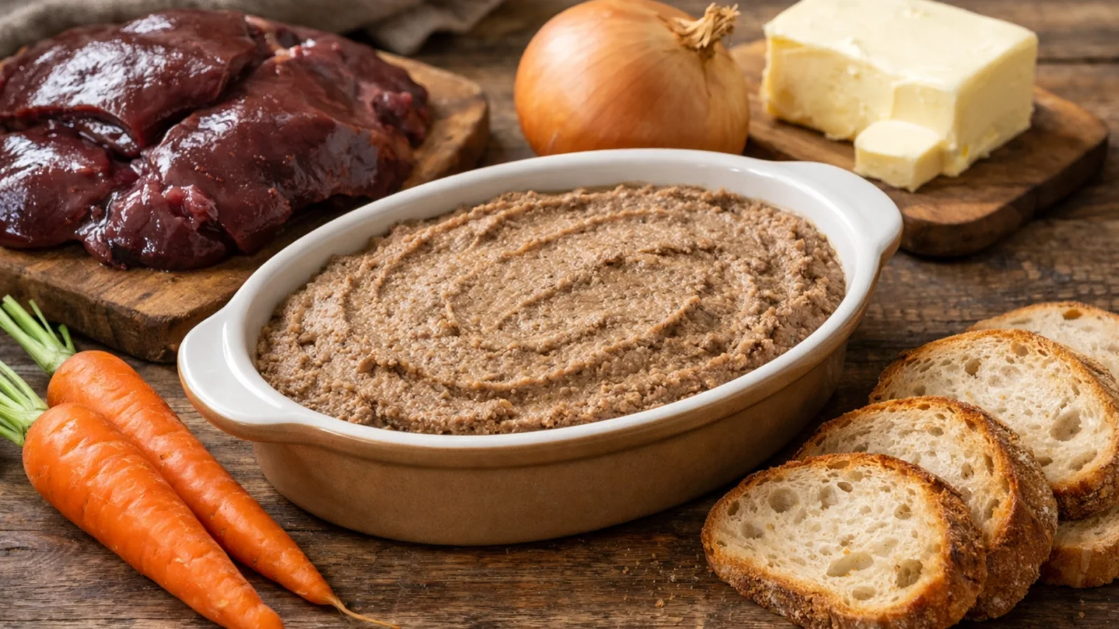 Фото блюда: Паштет из говяжьей печени с морковью и луком, насыщенный и домашний, рецепт с фото