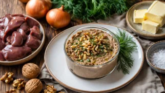 Фото рецепта: Паштет из куриной печени с грецкими орехами и свежей зеленью