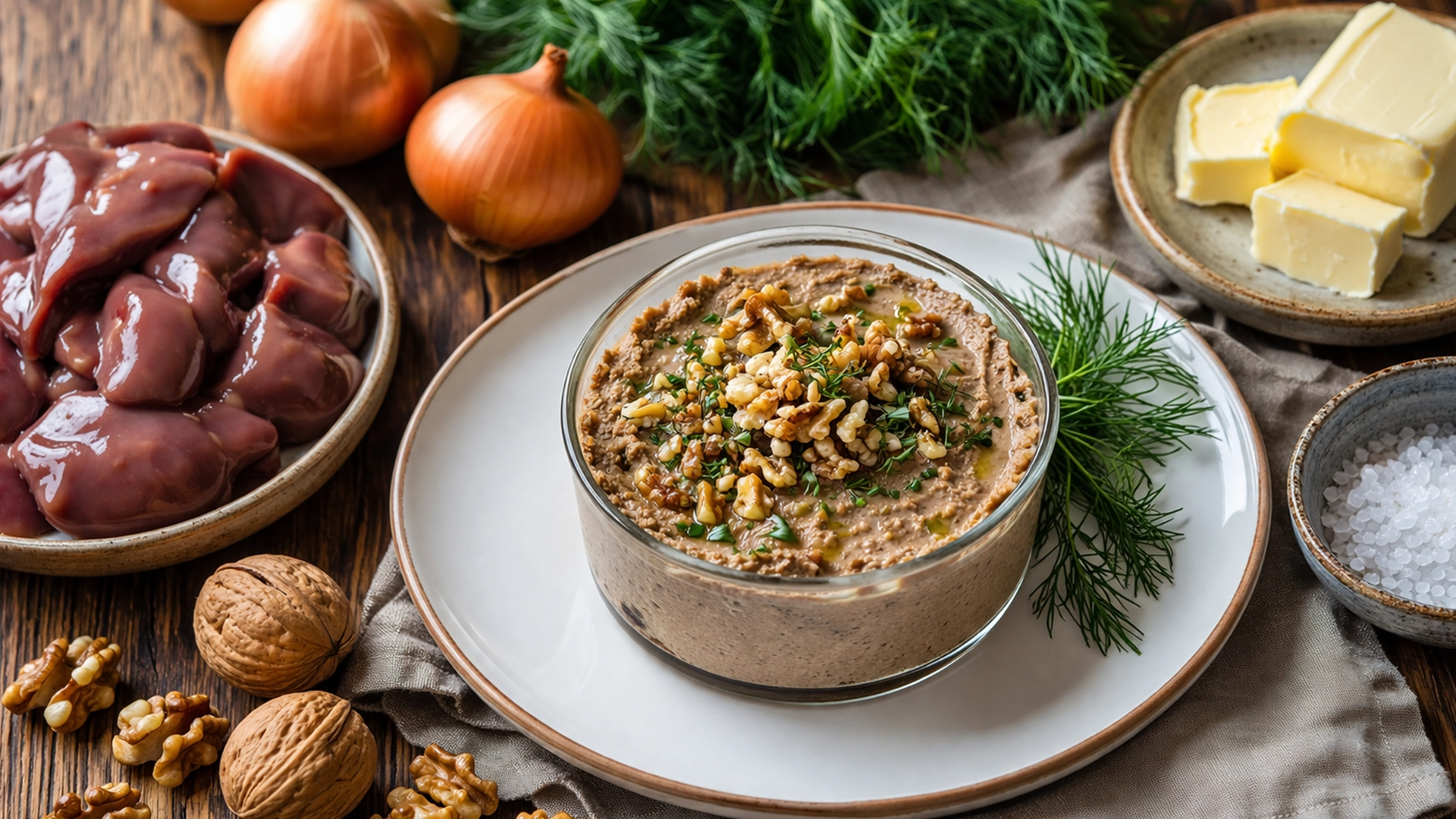 Фото блюда: Паштет из куриной печени с грецкими орехами и свежей зеленью