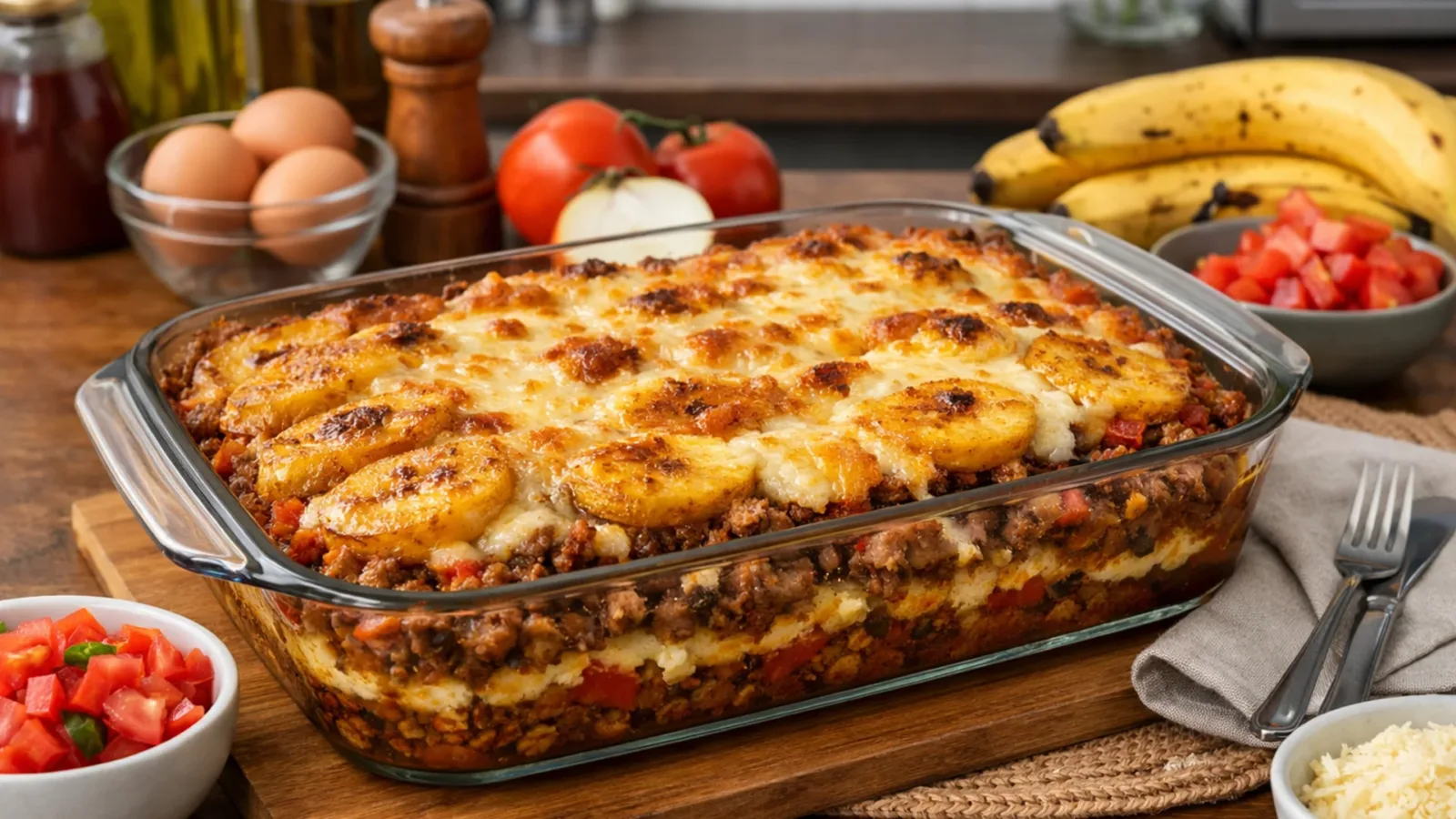Фото блюда: Пастелон запеканка из бананов и фарша, рецепт с фото