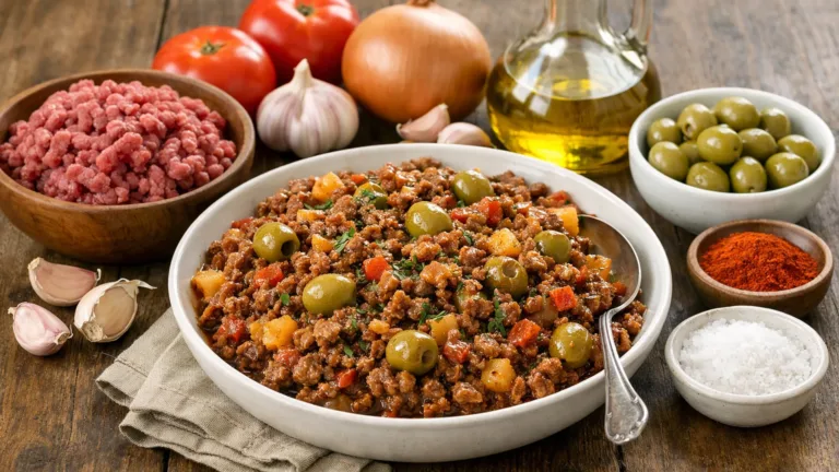 Фото блюда: Пикадильо из говяжьего фарша с оливками в томатном соусе на сковороде