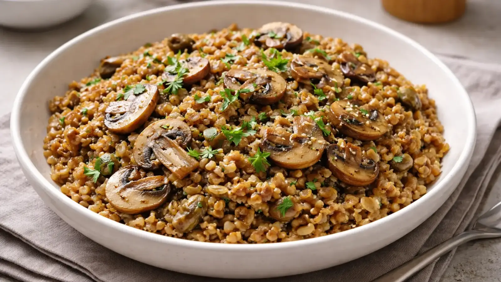 Фото блюда: Полбяная каша с грибами шампиньонами, рецепт с фото