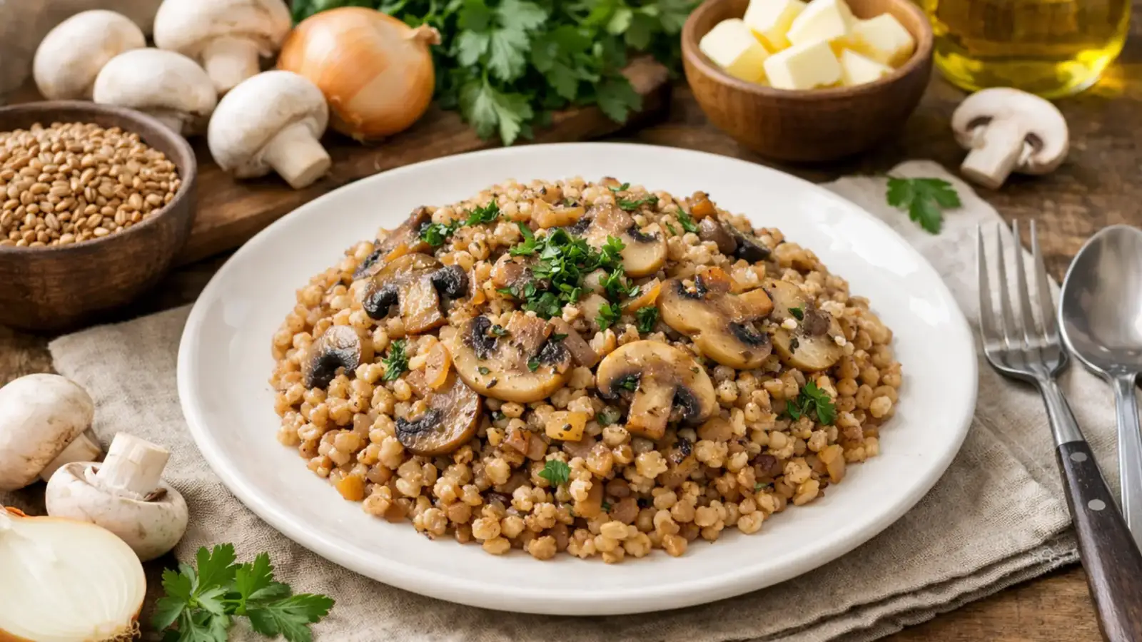 Фото блюда: Полбяная каша с грибами шампиньонами с насыщенным вкусом, рецепт с фото