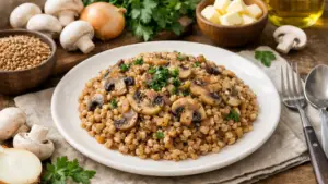 Фото блюда: Полбяная каша с грибами шампиньонами с насыщенным вкусом