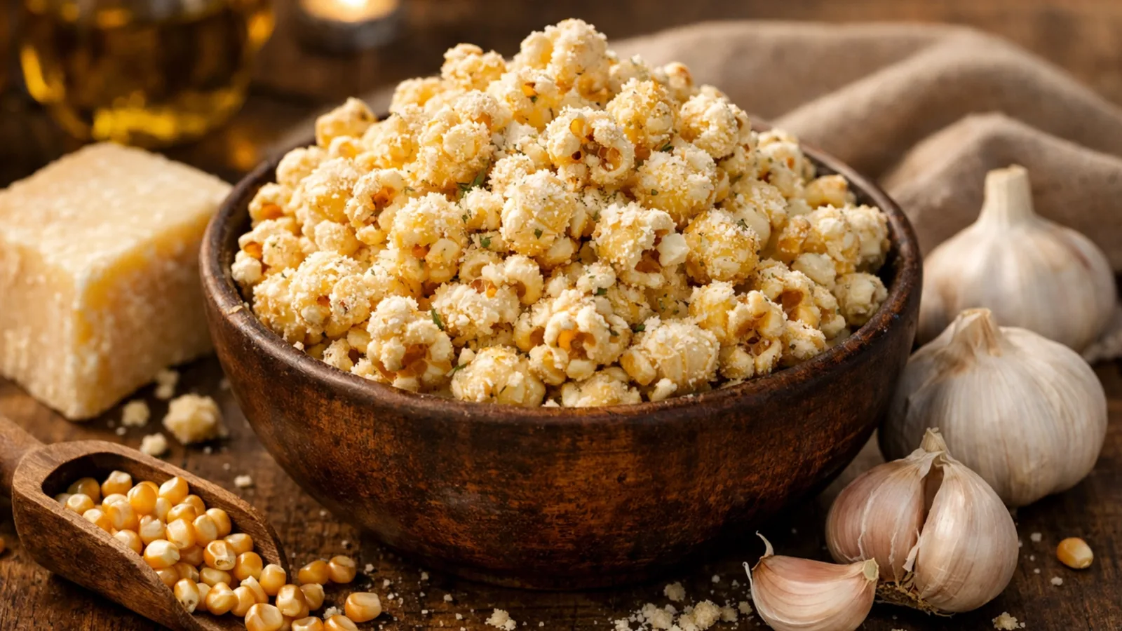 Фото блюда: Попкорн с сыром пармезан и чесноком, ароматный и пикантный, рецепт с фото