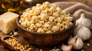 Фото рецепта: Попкорн с сыром пармезан и чесноком, ароматный и пикантный