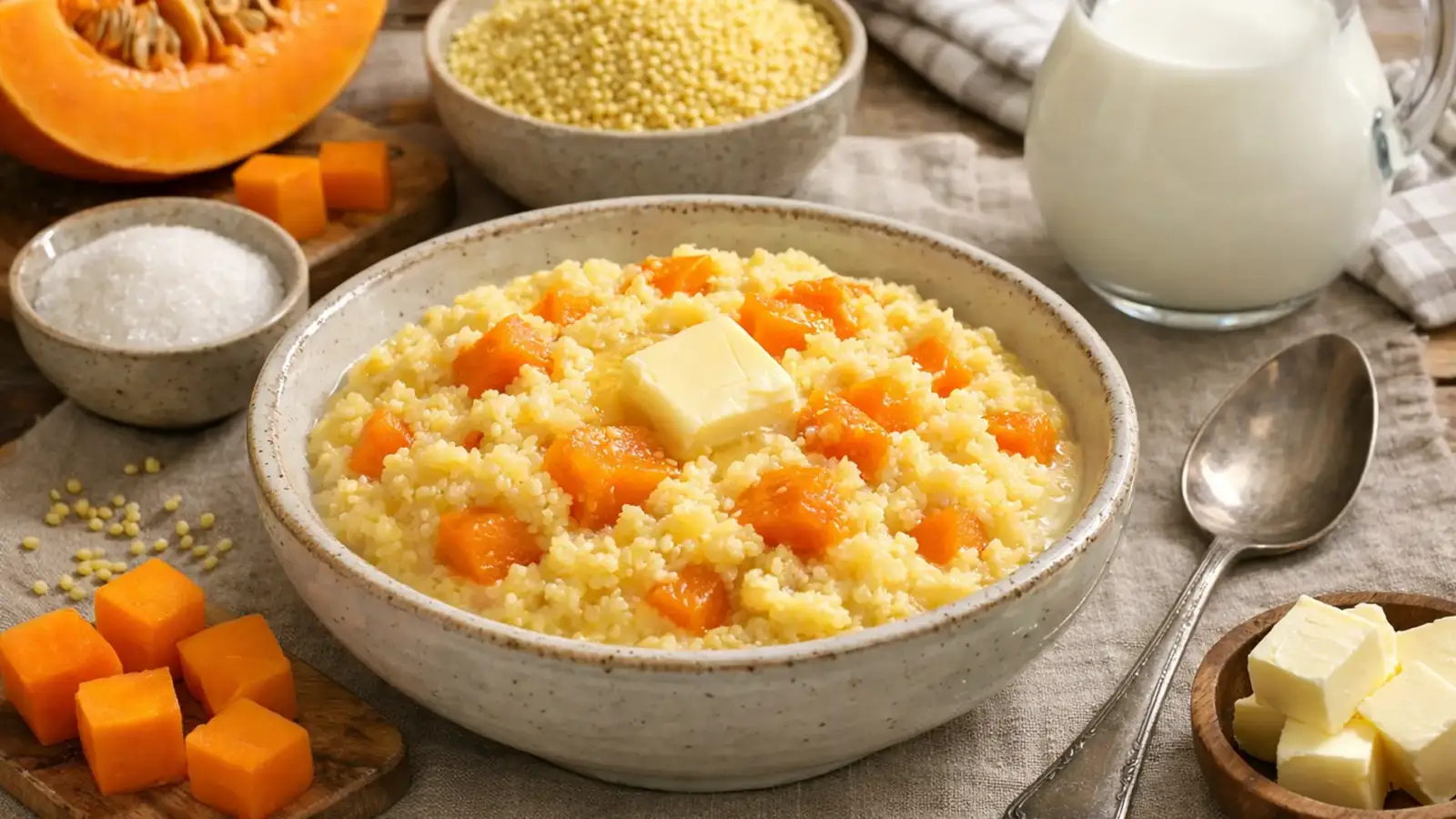 Фото блюда: Пшённая каша с тыквой на молоке с нежной текстурой, рецепт с фото