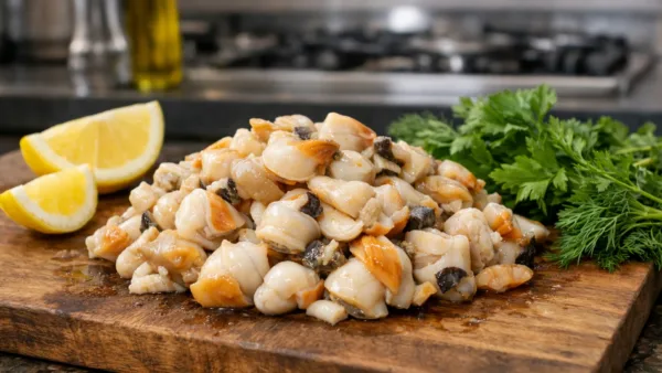 Мясо морских раковин на разделочной доске
