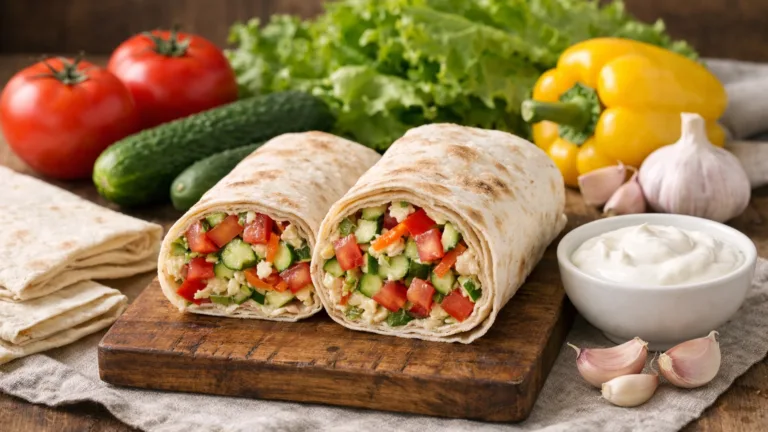 Фото блюда: Рулет из лаваша с овощами и чесночным соусом свежий и сочный