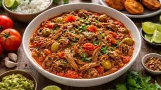 Фото рецепта: Ропа вьеха — тушеная говядина с томатами по панамскому рецепту