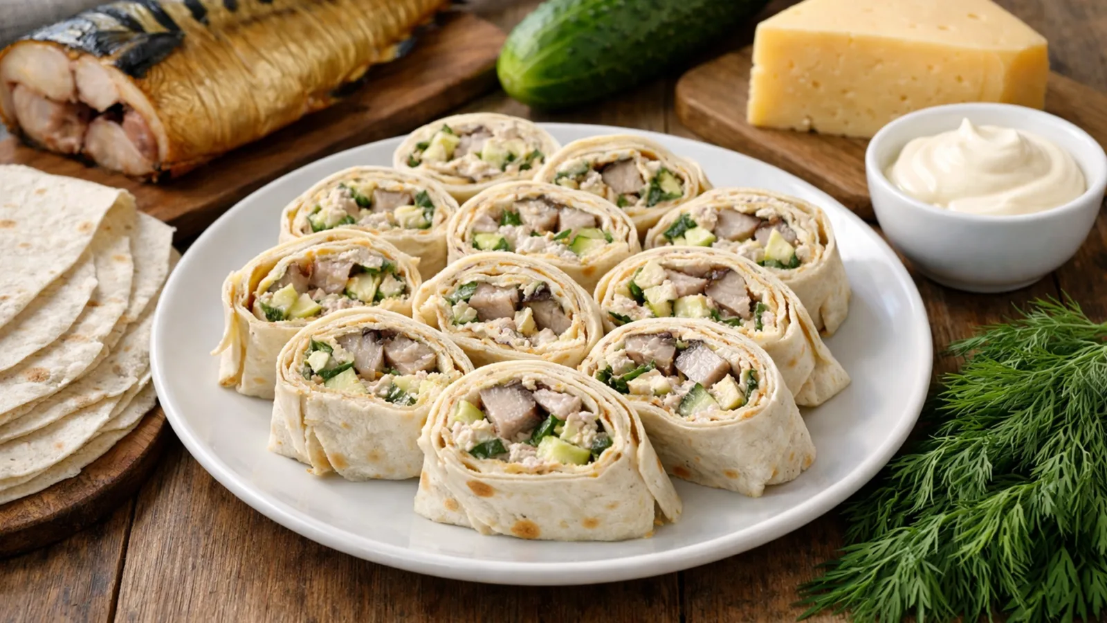 Фото блюда: Рулет из лаваша с копченой скумбрией сыром и свежим огурцом, рецепт с фото