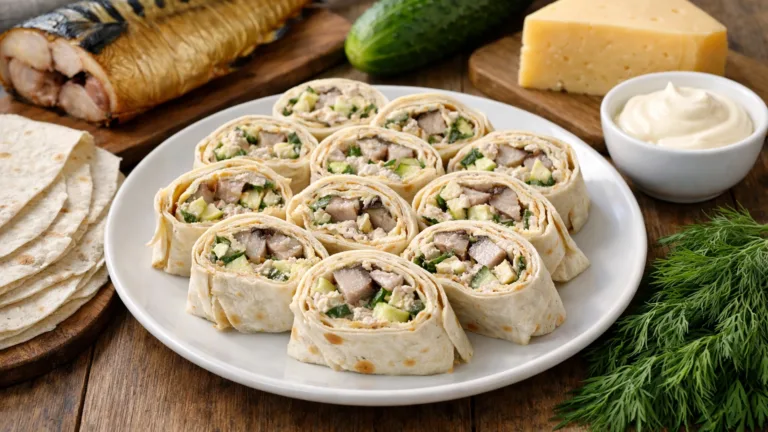 Фото блюда: Рулет из лаваша с копченой скумбрией сыром и свежим огурцом