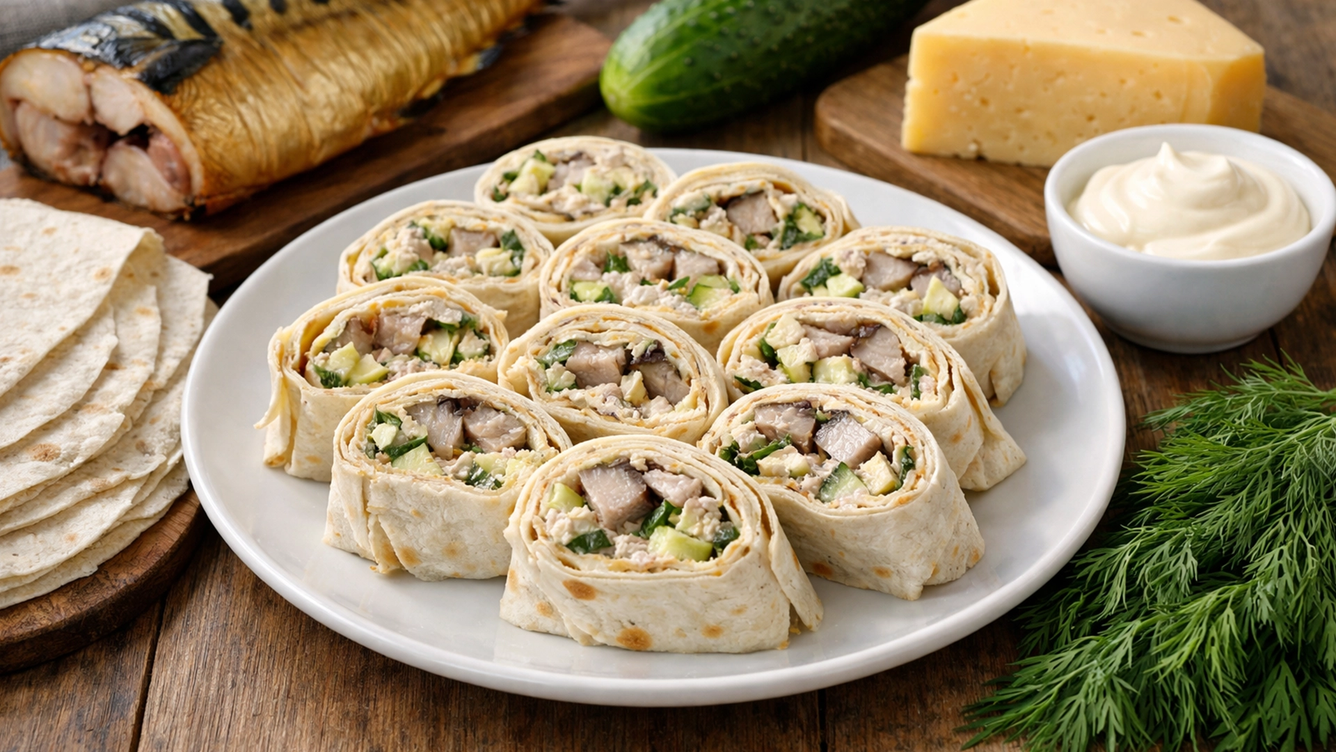 Фото блюда: Рулет из лаваша с копченой скумбрией сыром и свежим огурцом