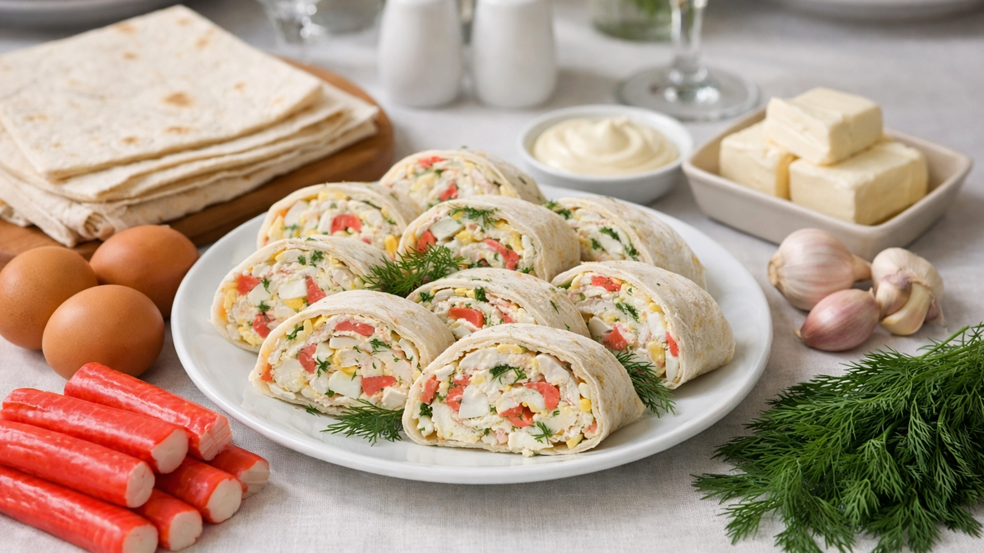 Фото блюда: Рулет из лаваша с крабовыми палочками сыром и яйцом нежный домашний вариант