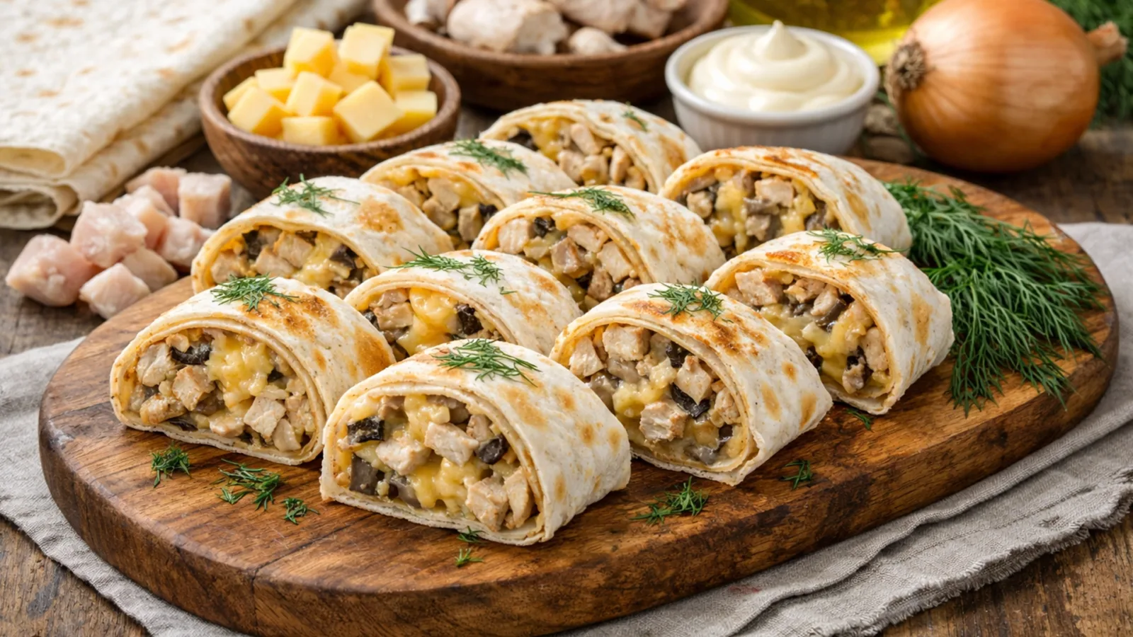 Фото блюда: Рулет из лаваша с курицей грибами и сыром на сковороде, рецепт с фото