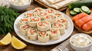 Фото рецепта: Рулет из лаваша с нежным лососем и сливочным сыром