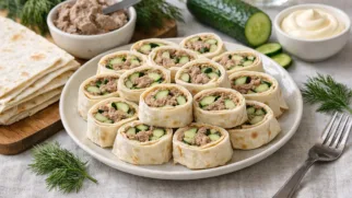 Фото рецепта: Рулет из лаваша с паштетом и свежим огурцом без запекания