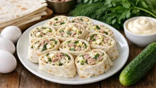 Фото рецепта: Рулет из лаваша с тунцом яйцом и свежей зеленью без запекания